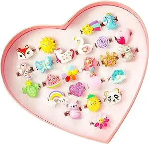 PinkSheep Little Girl Jewel Rings in Box, Adjustable, No Duplication, Girl Pretend Play and Dress Up Rings (24 Bling Ring), Acrylic,Metal