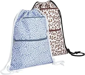 2 Pack Cinch Sack Drawstring Backpack for Beach Trips, 13x17 in, Animal Print