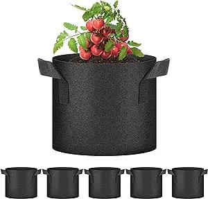 YSSOA 5-Pack 7 Gallon Grow Bags, Aeration Nonwoven Fabric Plant Pots with Handles, Heavy Duty Gardening Planter for Potato, Tomato, Vegetable and Fruits, Black