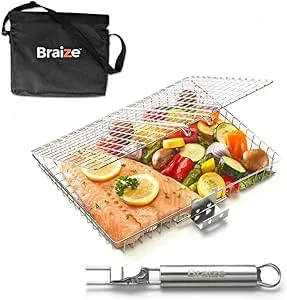 Stainless Steel Large Grill Basket with Easy Open/Close Lid and Removable Handle - 12.25 x 9.5 x 1.5 Inches - Includes Carry/Storage Bag