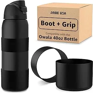 Jmoe USA Silicone Boot Sleeve + Hand Grip for Owala 40oz Water Bottle | BPA Free & Food-Grade Silicone Rubber | Protective Anti-Slip Bottom Bumper Cover | Protects Against Dents & Scratches (Black)