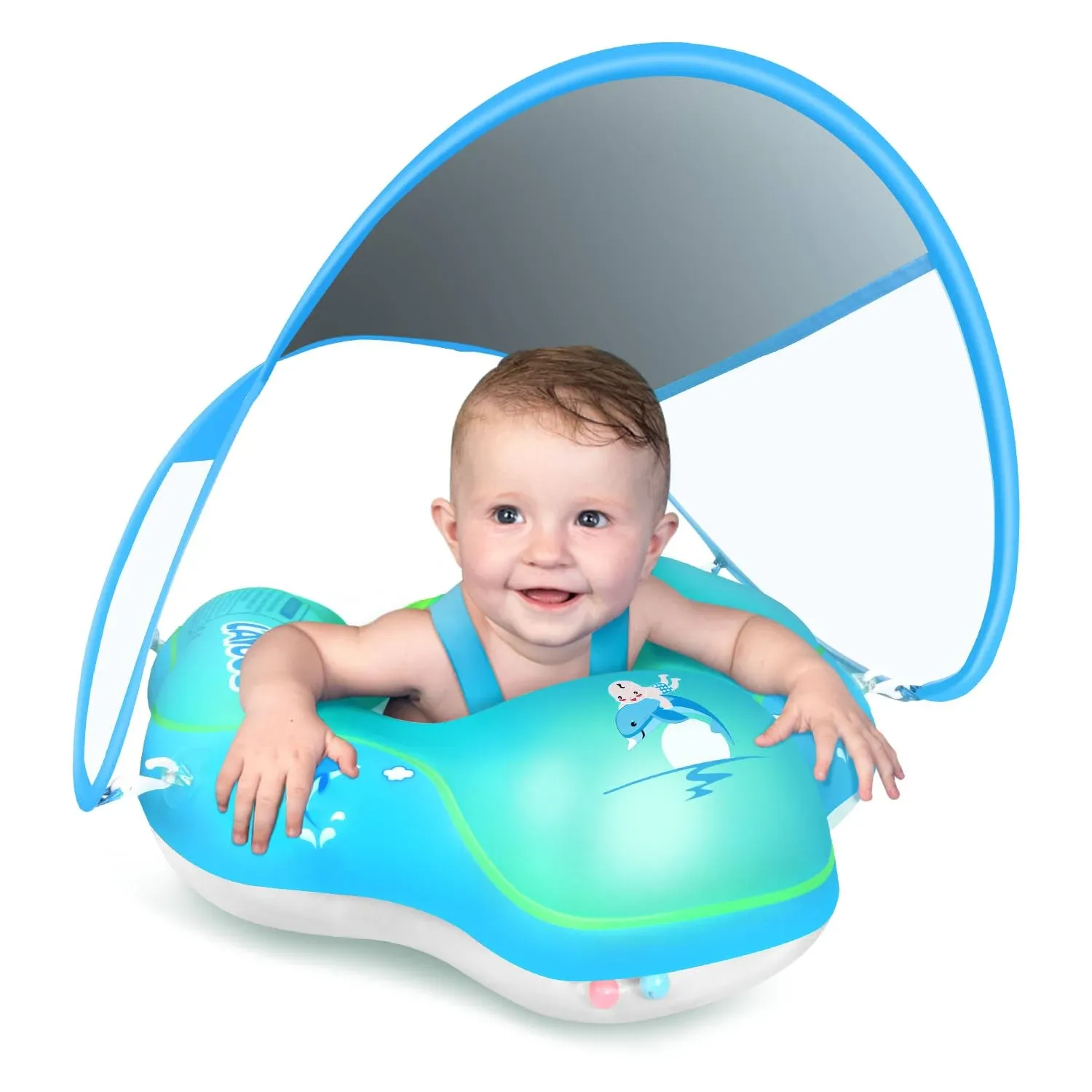 Laycol Baby Swimming Float Inflatable Baby Pool Float Ring Newest with Sun Protection Canopy,add Tail no flip Over for Age of 3-36 Months Blue Small