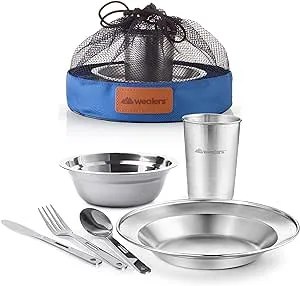 Unique Complete Messware Kit Polished Stainless Steel Dishes Set| Tableware| Dinnerware| Camping| Includes - Cups | Plates| Bowls| Cutlery| Comes in Mesh Bags