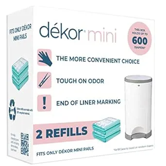 Diaper Dekor Mini Diaper Pail Refills | 2 Count | Most Economical Refill System | Quick & Easy to Replace | No Preset Bag Size Use Only What You Need | Exclusive End-of-Liner Marking