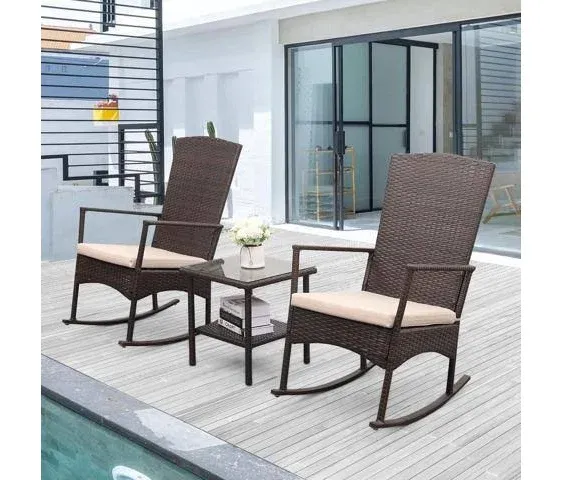 Outdoor PE Wicker Rocking Chair 3-Piece Patio Rattan Bistro Set 2 Rocker Armchair and Glass Coffee Side Table Furniture Washable Lacing Khaki Cushions