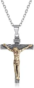 Nofade Silver Men Women Sterling Silver and Brass Jesus Christ Crucifix Cross Pendant with 18 Inches Sterling Silver Chain, Customizable (with Gift Box)