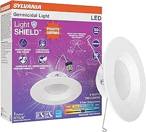 Sylvania 5"/6" Recessed Downlight Kit with LightSHIELD Technology, Germicidal LED, 9W = 65W, 700 Lumens, 5 CCT Color Select (2700K / 3000K / 3500K / 4000K / 5000K), Dimmable, White (75748) (Pack of 1)