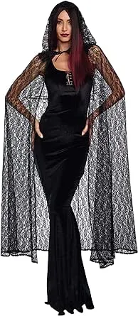 Dreamgirl Adult Lace Cape Costume, Hooded Cloak Halloween Costume Accessory for Women, Black