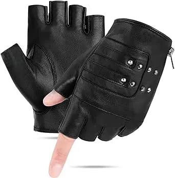 FIORETTO Mens Genuine Leather Fingerless Gloves Unlined Half Finger Punk Gloves for Driving Cycling Motorcycle M200801