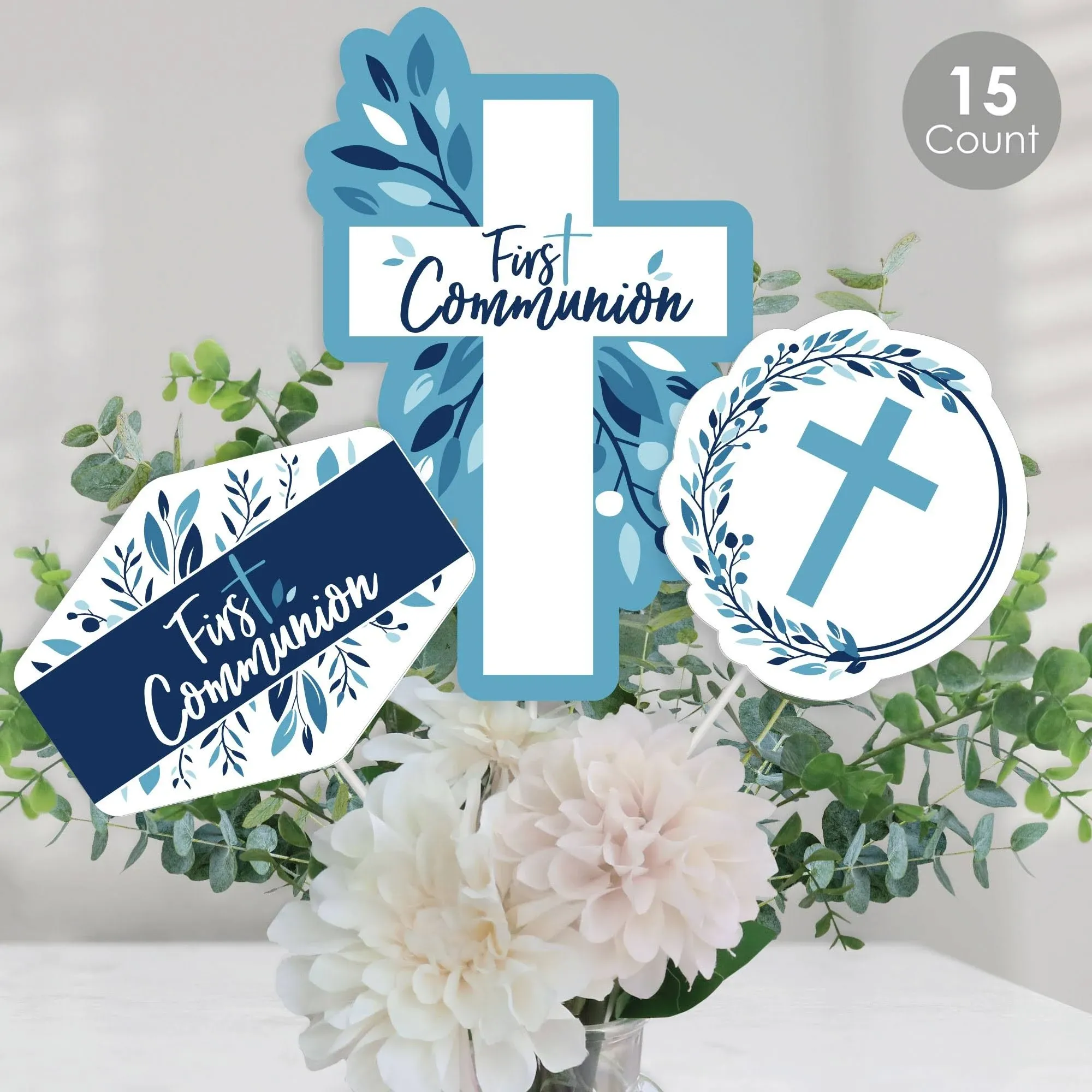 First Communion Blue Elegant Cross - Boy Religious Party Centerpiece Sticks ...