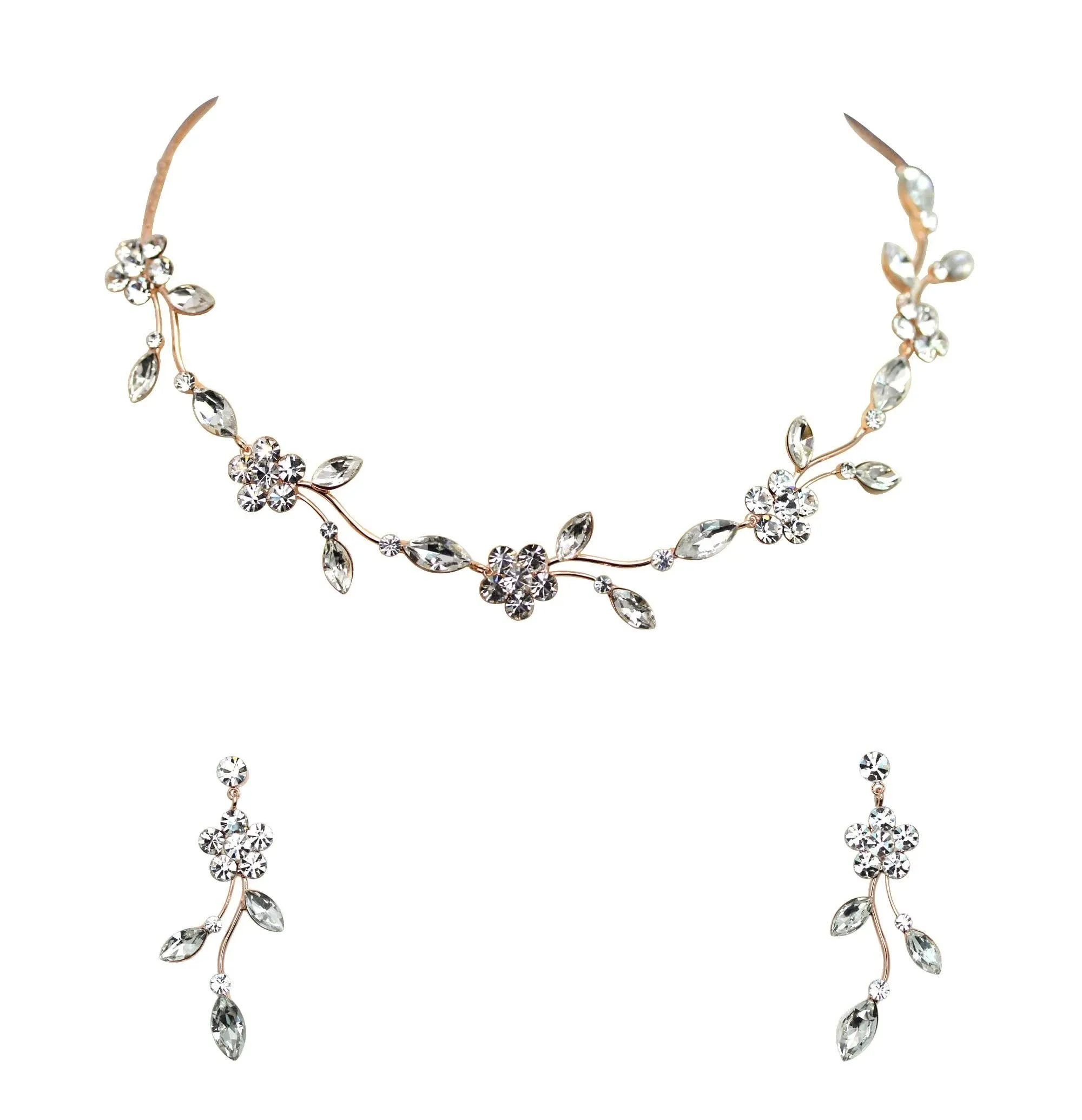 Faship Gorgeous Rhinestone Crystal Floral Necklace Earrings Set