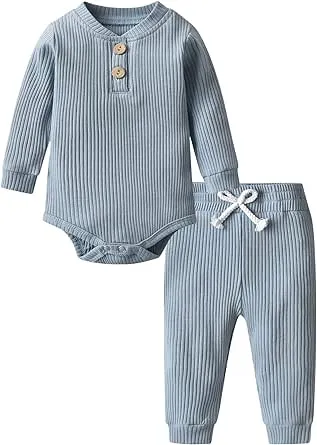 Derouetkia Newborn Baby Boy Girl Clothes Ribbed Cotton Long Sleeve Romper and Pants Outfits Set