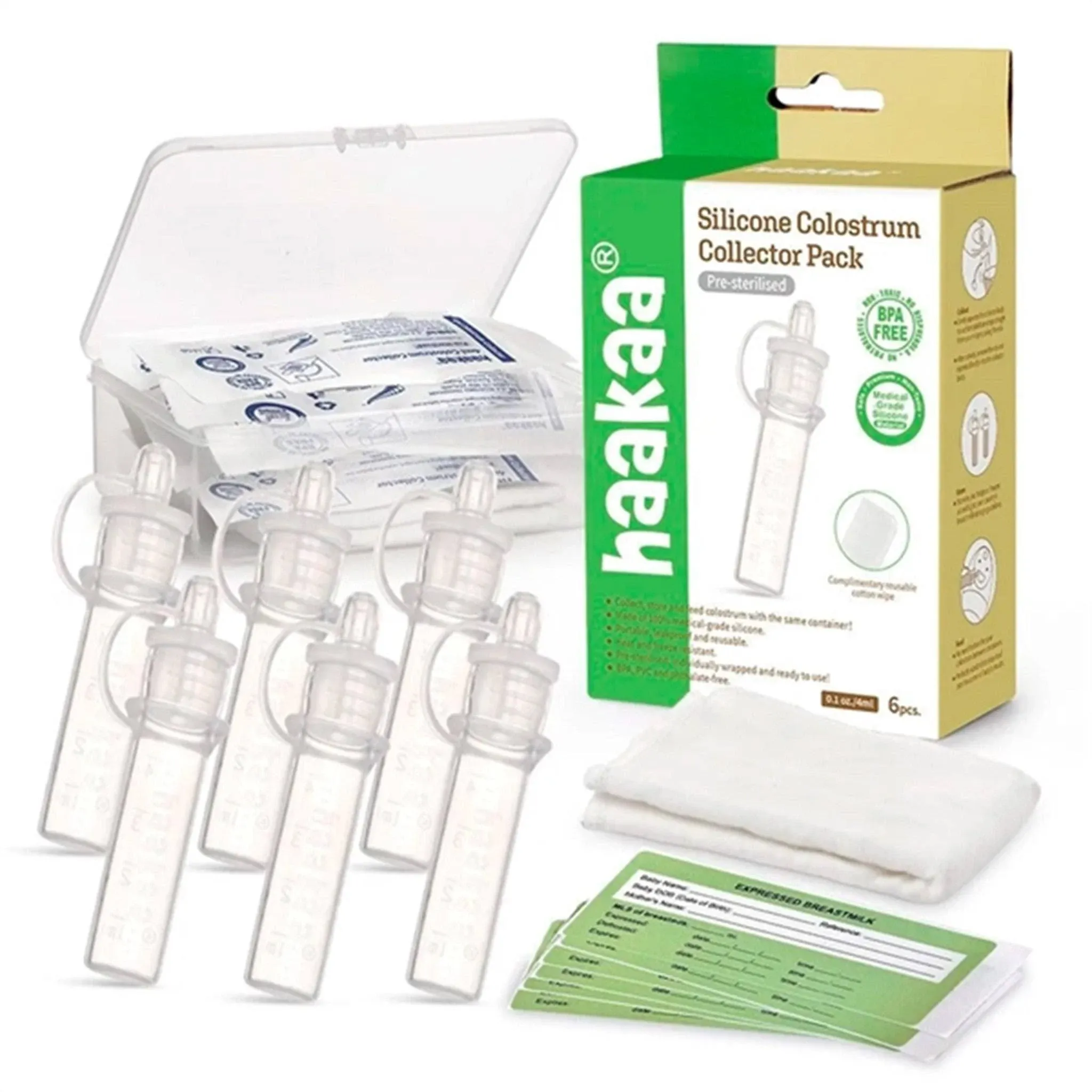 HaaKaa Silicone Colostrum Collector Set: 6 Pack In Plastic Travel Case &amp; Wipe