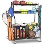 PLKOW Sports Equipment Storage for Garage, Indoor/Outdoor Sports Rack for Garage, Ball Storage Garage Organizer with Basket and Hooks,Toy/Sports