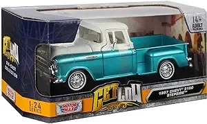 1957 Chevy 3100 Stepside Pickup Truck Lowrider Turquoise Metallic and White with White Interior Get Low Series 1/24 Diecast Model Car by Motormax 79032tur