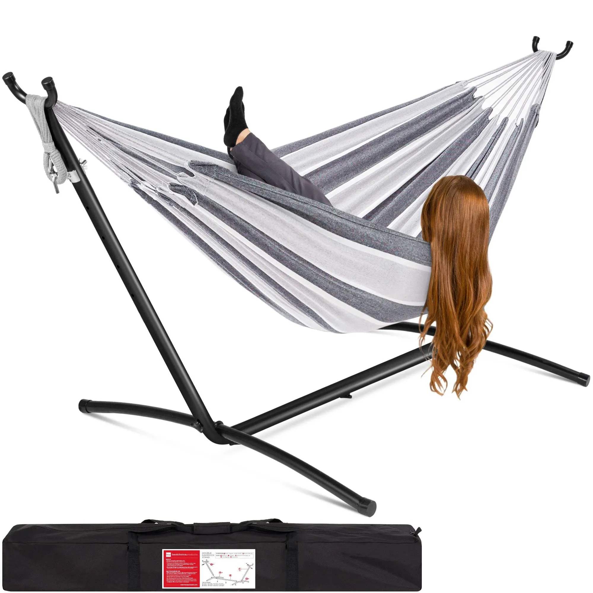 Best Choice Products 2-Person Brazilian-Style Cotton Double Hammock with Stand Set w/ Carrying Bag - Steel