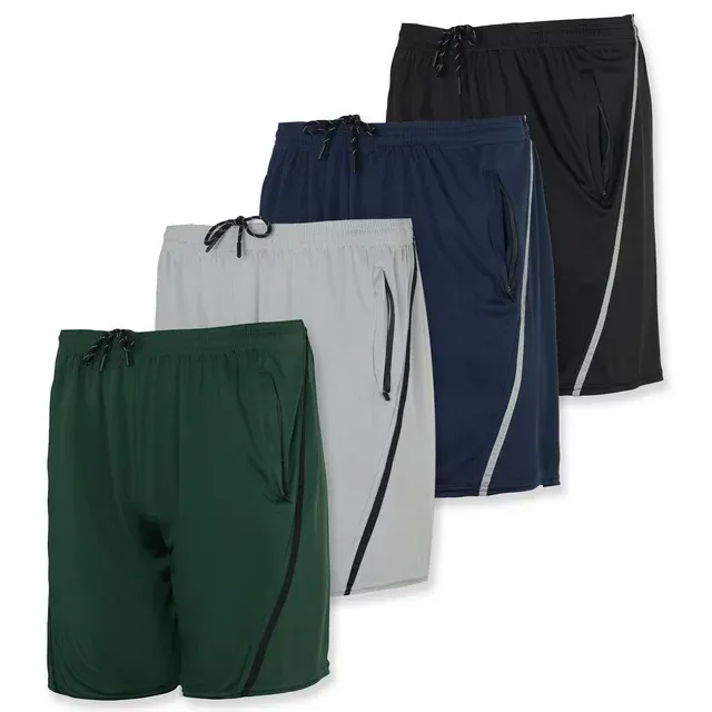 Real Essentials 4 Pack: Men's 7 inchAthletic Running Quick Dry Mesh Shorts with Zipper Pockets & Drawstring (Available in Big & Tall), Size: Large