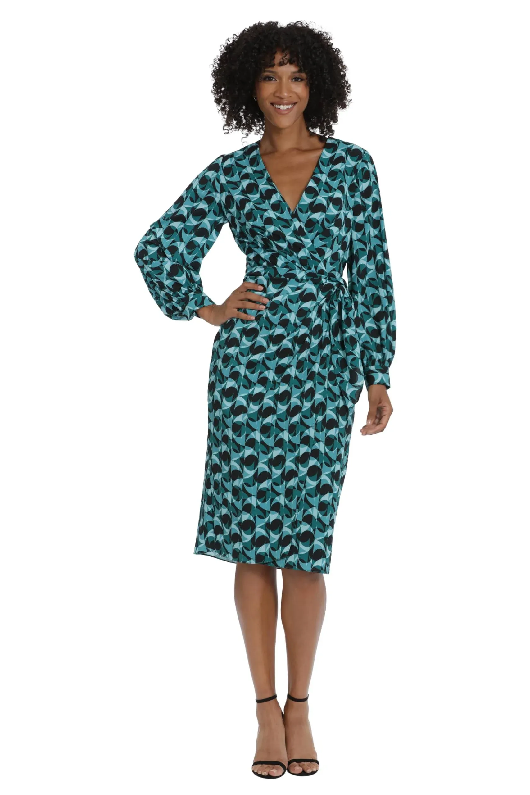 Maggy London Long Sleeve Faux Wrap Dress in Seafoam/Black