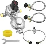 2-Stage Automatic Changeover LP Propane Gas Regulator RV Propane Regulator with Two 18" RV Pigtail Propane Hoses with Gauge, Stainless Braided QCC1 1/4" Inverted Male Flare for RVs Camper Trailers