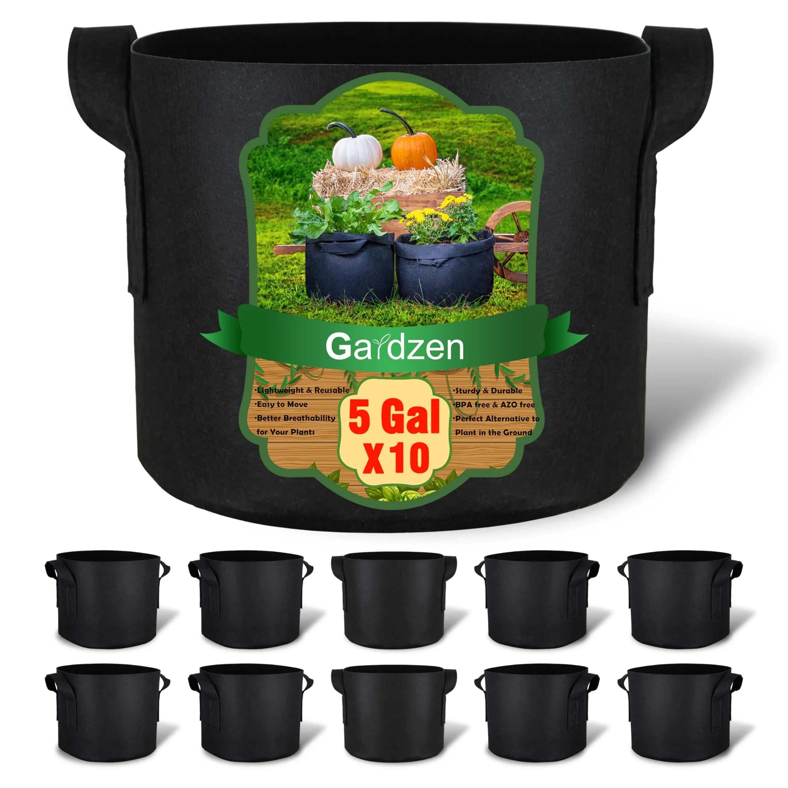 Gardzen 10-Pack 5 Gallon Grow Bags Aeration Fabric Pots with Handles