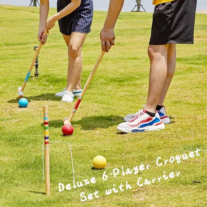 ApudArmis Six Player Croquet Set with Premiun Rubber Wooden Mallets 28In,Colored Ball,Wickets,Stakes - Lawn Backyard Game Set for Adults/Teenagers/Family (Large Carry Bag Including)