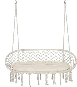 Outsunny 2-Person Hammock Chair Macrame Swing with Soft Cushion, Hanging Cotton Rope Chair for Indoor Outdoor Home Patio Backyard, White