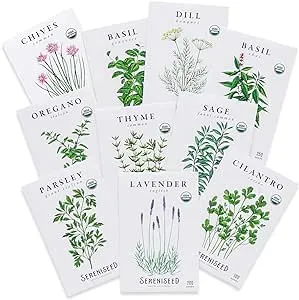 Sereniseed Certified Organic Herb Seeds (10-Pack) – Non GMO, Heirloom – Seed Starting Video - Basil, Cilantro, Oregano, Thyme, Parsley, Lavender, Chives, Sage, Dill Seeds for Indoor & Outdoor Planting