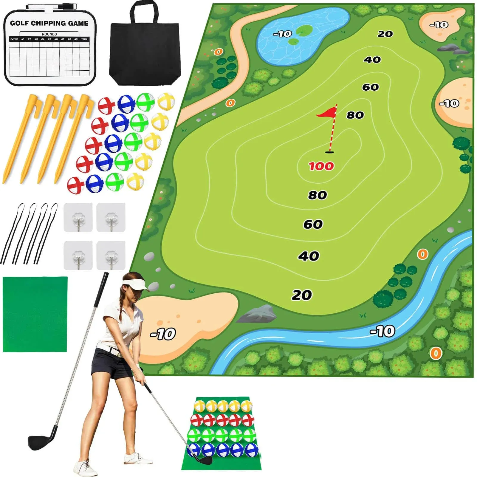 Golf Chipping Game Mat - Chip Games Sticky Practice Golf Game Set for Adults Kid