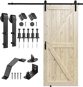 SMARTSTANDARD 30in x 80in Sliding Barn Door with 5ft Barn Door Hardware Kit & Handle, Pre-Drilled Ready to Assemble, DIY Unfinished Solid Spruce Wood Panelled Slab, K-Frame Natural