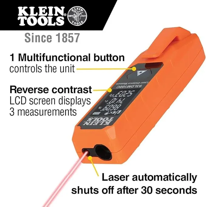 Klein Tools 93LDM100C Compact Laser Distance Measure, Measures in Feet, Inches, Meters