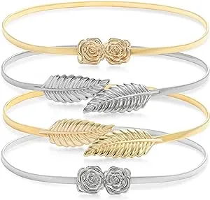 Juvale 4-Pack of Adjustable Fancy Dress Belts for Women, Skinny Stretch Metallic Waist Belts for Dresses, Blouse, Leaf and Rose Designs, Silver and Gold (27x0.35 In)