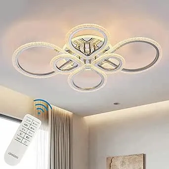 Modern Ceiling Light Fixture LED Chandelier Remote Control Dimmable 3000K-6500K Metal Polished Acrylic Flush Mount Lamp Suitable Living Room Bedroom Dining Room Kitchen (Polished Chrome, 6 Rings)