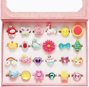 PinkSheep Little Girl Jewel Rings in Box, Adjustable, No Duplication, Girl Pretend Play and Dress Up Rings (24 Lovely Ring)