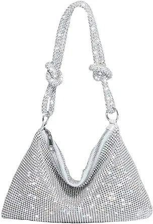 JQWSVE Rhinestone Purses for Women Chic Sparkly Evening Handbag Bling Hobo Bag Shiny Silver Clutch Purse for Party Club Wedding