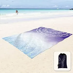 Sunlit Silky Soft 106"x81" Boho Sand Proof Beach Blanket Sand Proof Mat with Corner Pockets and Mesh Bag for Beach Party, Travel, Camping and Outdoor Music Festival, Blue Purple Mandala