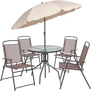 Flash Furniture Nantucket 6-Piece Patio Dining Set with Glass Table, 4 Folding Chairs, and Umbrella, Outdoor Patio Set, Brown