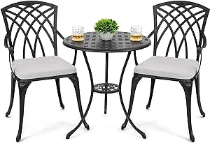 NUU GARDEN 3 Piece Bistro Table Set Cast Aluminum Outdoor Patio Furniture with Umbrella Hole and Grey Cushions for Patio Balcony, Black