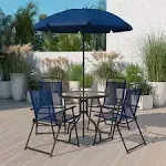 Flash Furniture Nantucket 6-Piece Patio Garden Table Set with Umbrella & 4 Folding Chairs - Navy