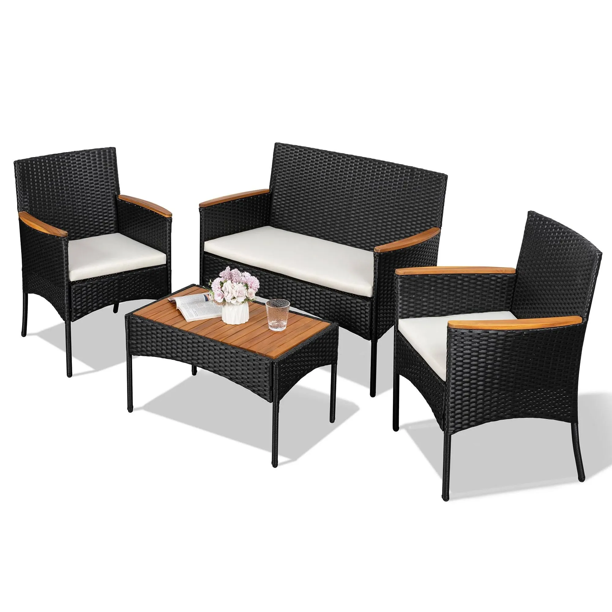  4-Piece Patio Furniture Set, Outdoor Wicker Patio Conversation Furniture Set 