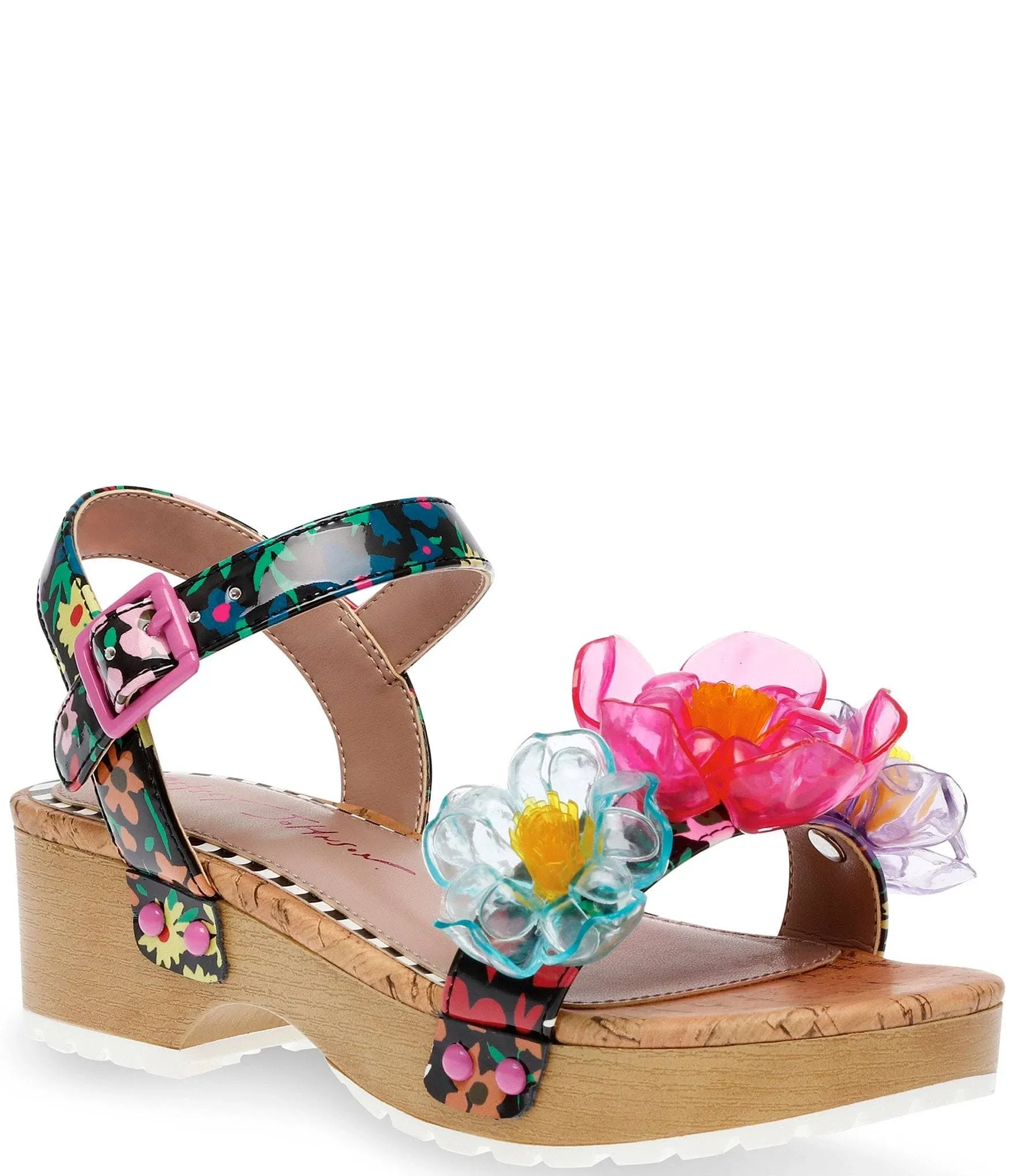 Betsey Johnson | Little and Big Girls Oakly Clog Sandals with Flower Details - Black Multi | Realry