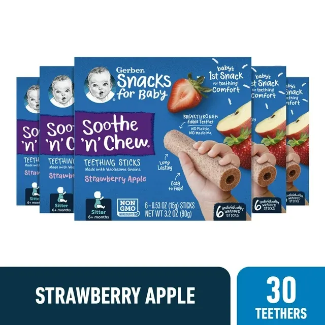 Gerber Snacks for Baby Strawberry Apple Teething Sticks, 3.2 oz Boxes (30 Pack)