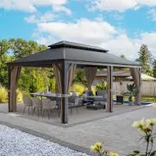 Greesum 12&#39;x20&#39; Hardtop Metal Gazebo, Outdoor Galvanized Steel Double Roof Canopy, Aluminum Frame Permanent Pavilion with Netting and Curtains for Backyard, Patio, Deck, Parties