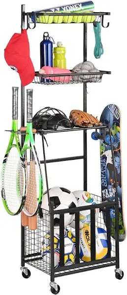 PLKOW Sports Equipment Storage for Garage, Indoor/Outdoor Sports Rack for Garage, Ball Storage Garage Organizer with Basket and Hooks,Toy/Sports