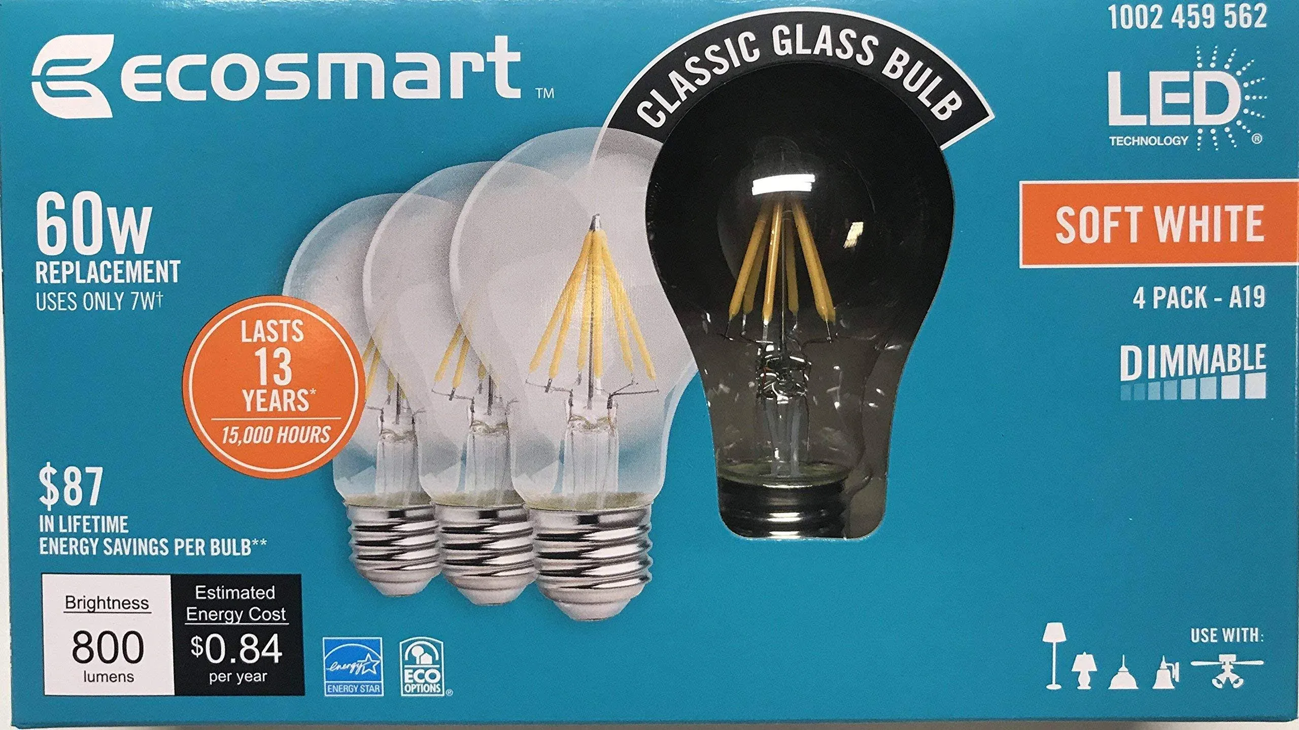 EcoSmart A19 LED Light Bulb Soft White 60W A7A19A60WESGD0<wbr/>1