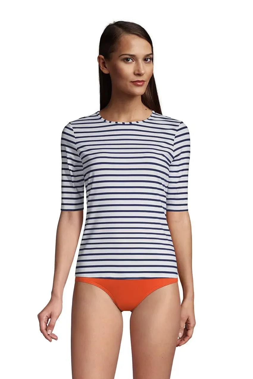 Lands' End Women's Crew Neck Rash Guard UPF 50 Sun Protection Swim Tee - X-Small - White/Deep Sea Stripe