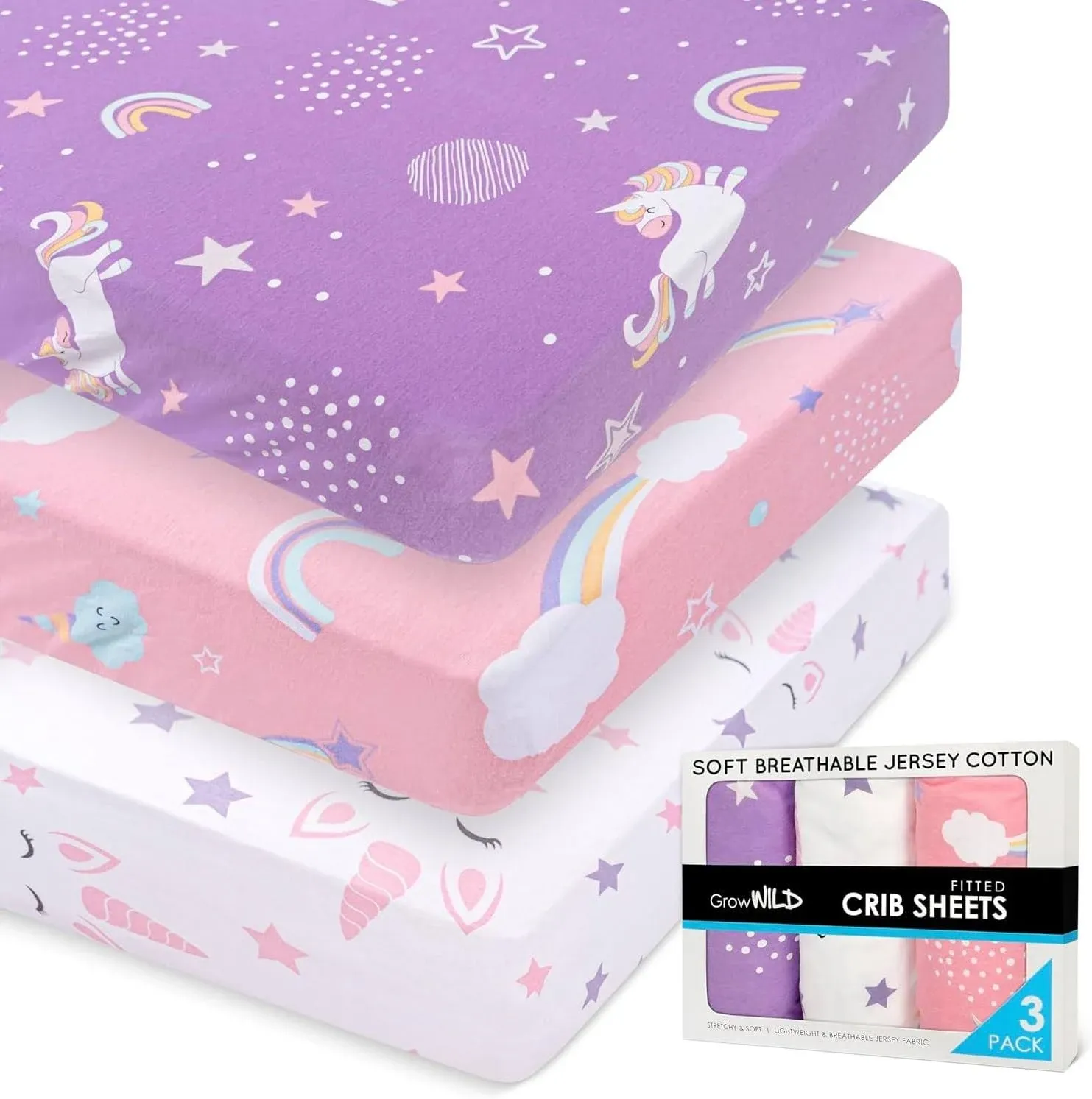 Grow Wild Crib Sheets Girl 3 Pack Soft & Stretchy Jersey Cotton Fitted Crib Sheet ...