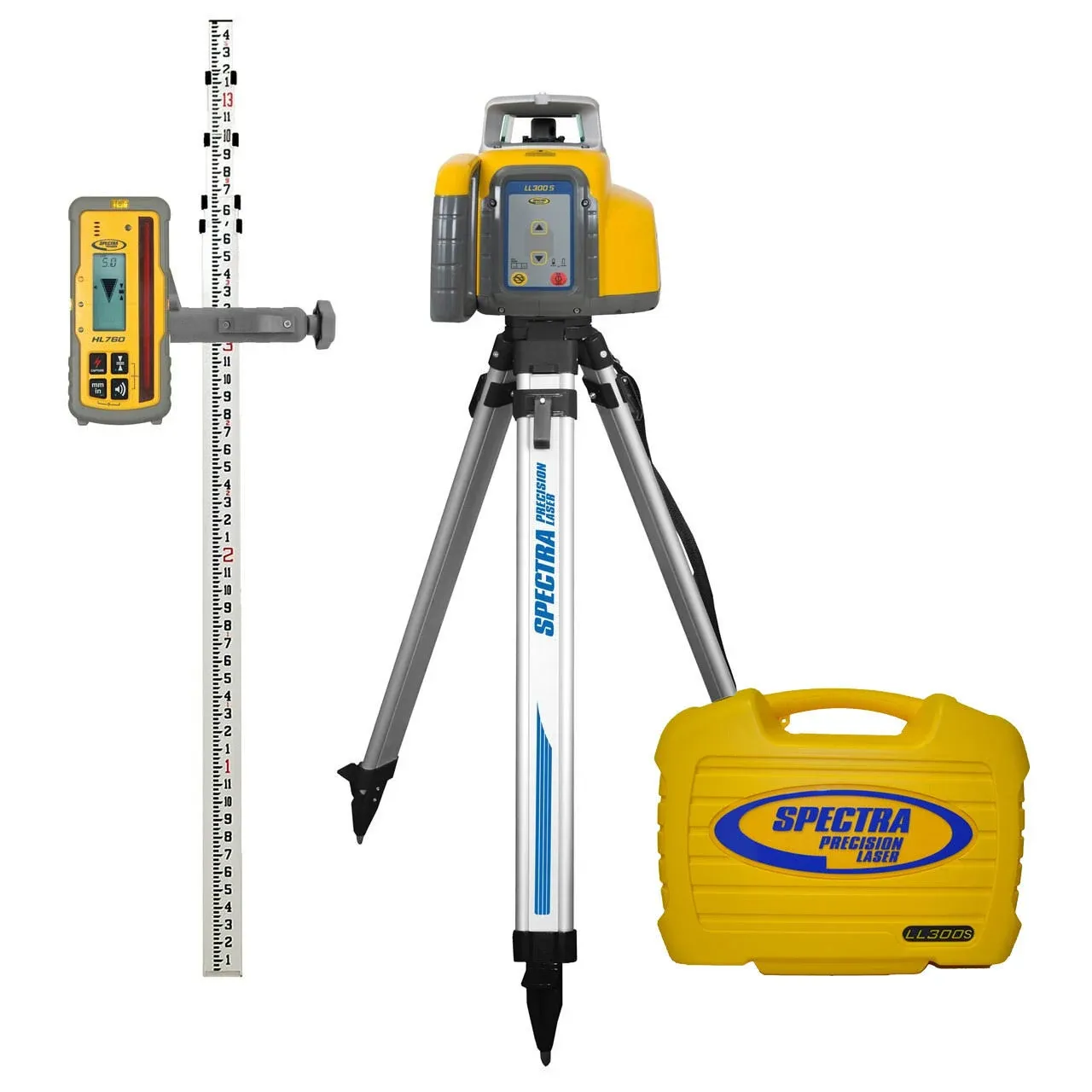 Spectra Precision LL300S-27 Laser Level - with HL760 Receiver, GR152 Rod (inches), Tripod and Case