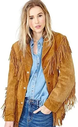 Quality Supply Western Genuine Leather Suede Jacket Women Cowlady Native American Women Fringe Cowgirl Jacket with Tassels