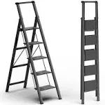 GameGem 5 Steps Lightweight Aluminum Ladder Folding Step Stool Stepladders with Anti-Slip and Wide Pedal for Home and Kitchen Use Space Saving