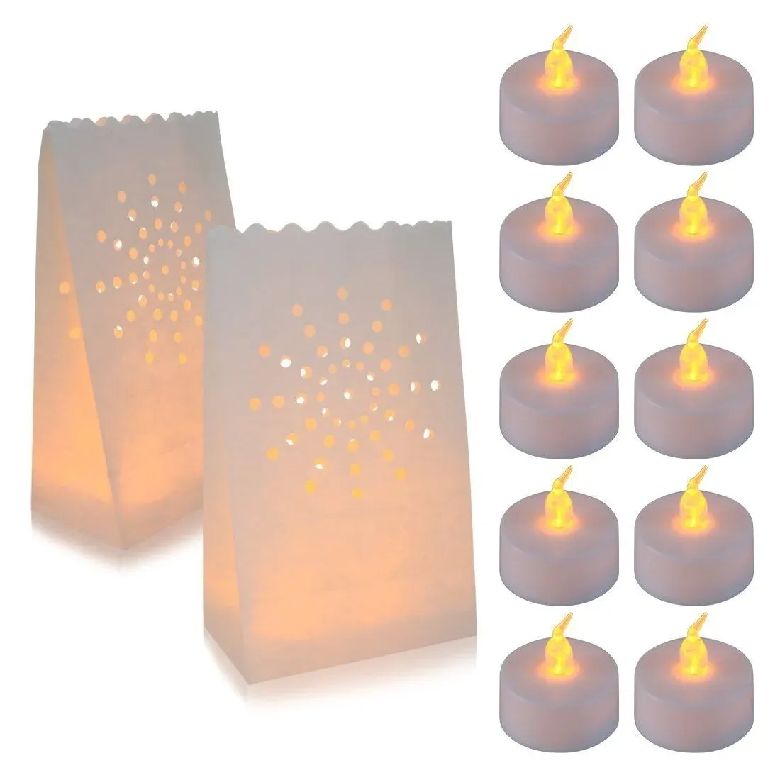 AceList 30 Set Luminaries Bag with Flameless Candles， Flickering LED Tea Lights with Paper Luminary Bags Battery Operation for Wedding Party,Halloween, Thanksgiving, Christmas Decoration（Sun）